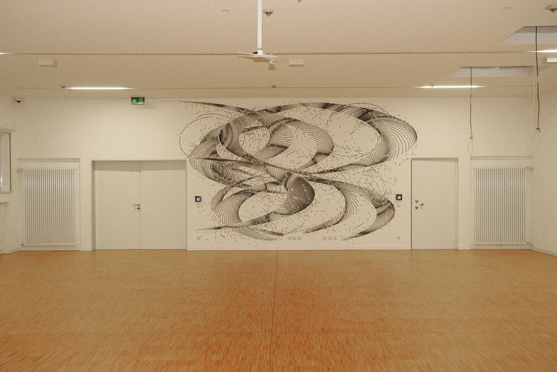 Wandzeichnung #31/12; 2015; Tusche auf Wand (Ink on wall); JVA Augsburg-Gablingen, Mehrzweckraum; Foto: Annette Kradisch
