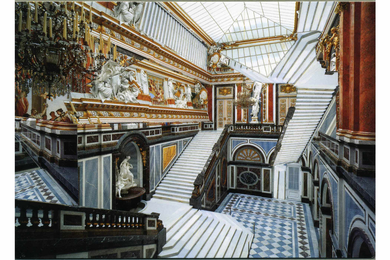 „Herrenchiemsee Treppenhaus“; 2006; 11,5 x 16,5 cm (5" x 7"); Postkartencollage (Postcard inlay); Privatsammlung