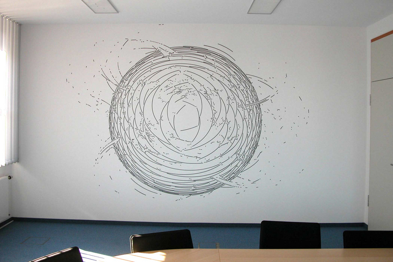 #38; Vinylfolienplot mit Haftbeschichtung auf Wand (Cut out of adhesive backed vinyl on wall); 2007; 240 x 360 cm (95" x 142"); Bayern LB, Nürnberg