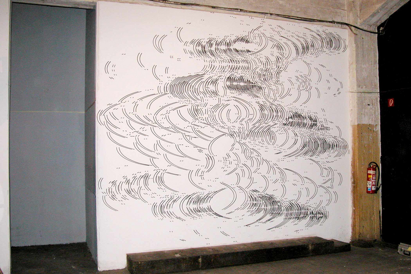 Wandzeichnung #21; „GHZ“( Greenberger, Horn, Zeilinger ); 2008; Tusche auf Wand (Ink on wall); Club Transmediale, Berlin